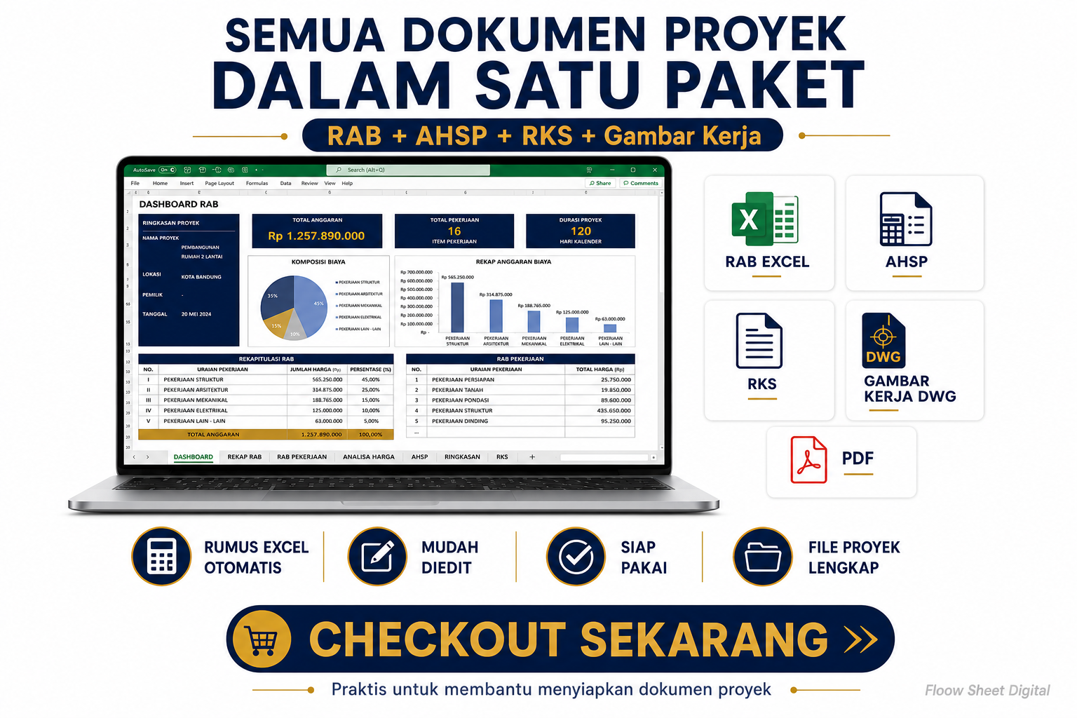 Template RAB Rumah Lengkap Excel | RAB AHSP RKS & Gambar Kerja AutoCAD DWG | Paket Dokumen Proyek Siap Pakai