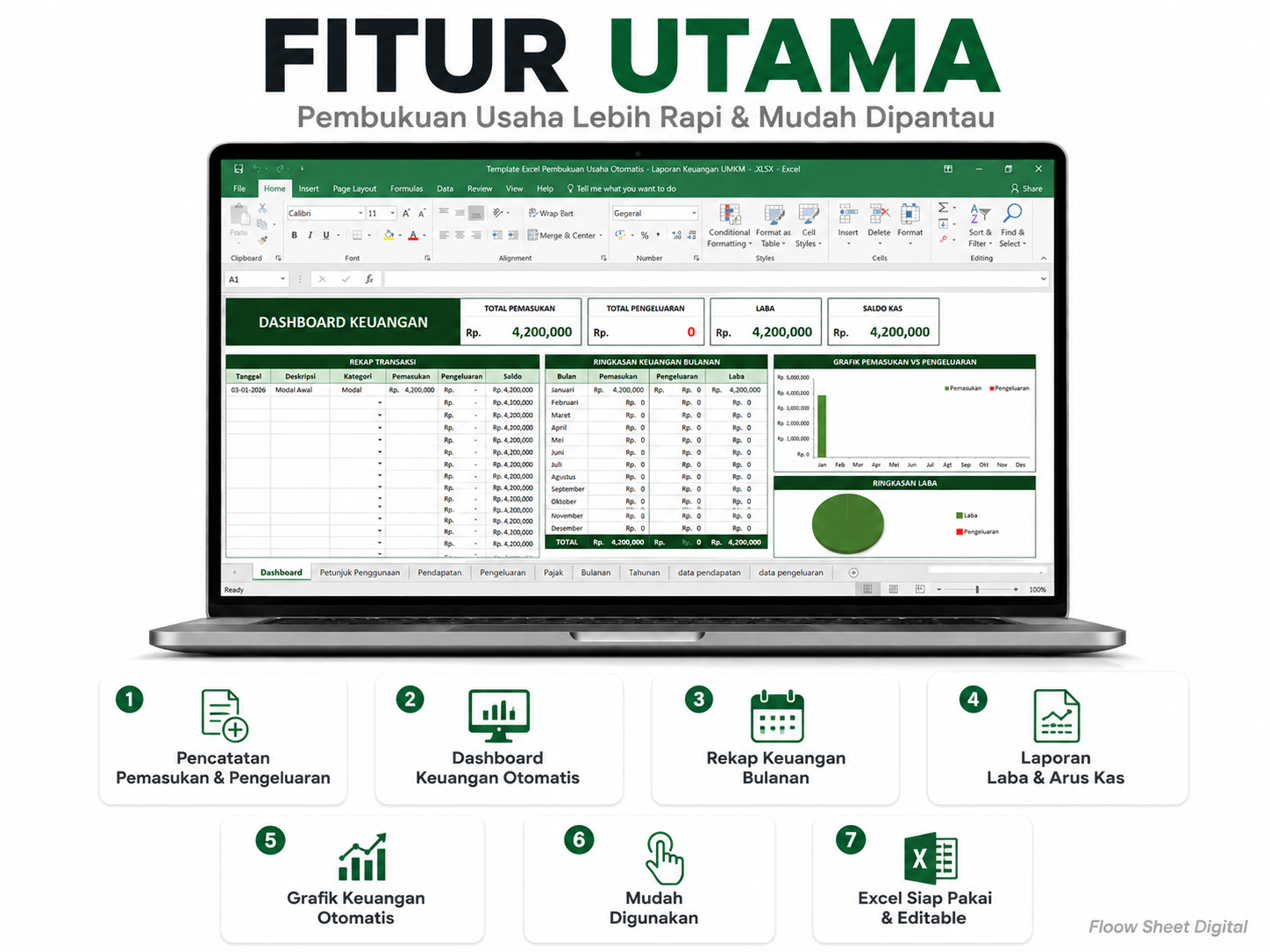 Template Excel Pembukuan Usaha Otomatis | Laporan Keuangan UMKM, Pemasukan & Pengeluaran Bulanan