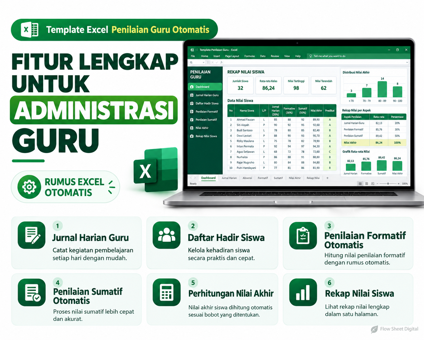Template Excel Penilaian Guru Otomatis | Daftar Nilai Siswa, Absensi & Jurnal Harian Siap Pakai