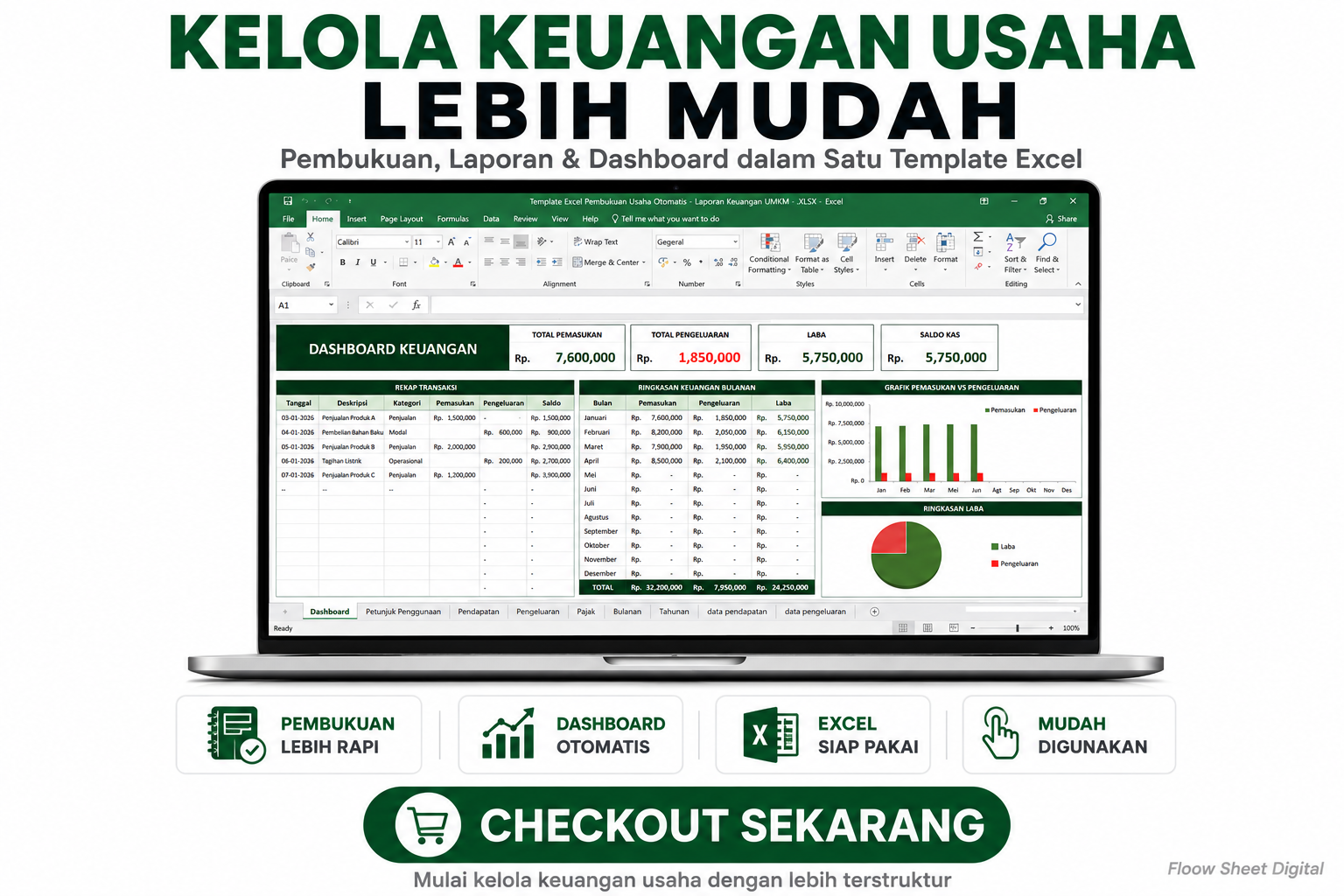 Template Excel Pembukuan Usaha Otomatis | Laporan Keuangan UMKM, Pemasukan & Pengeluaran Bulanan