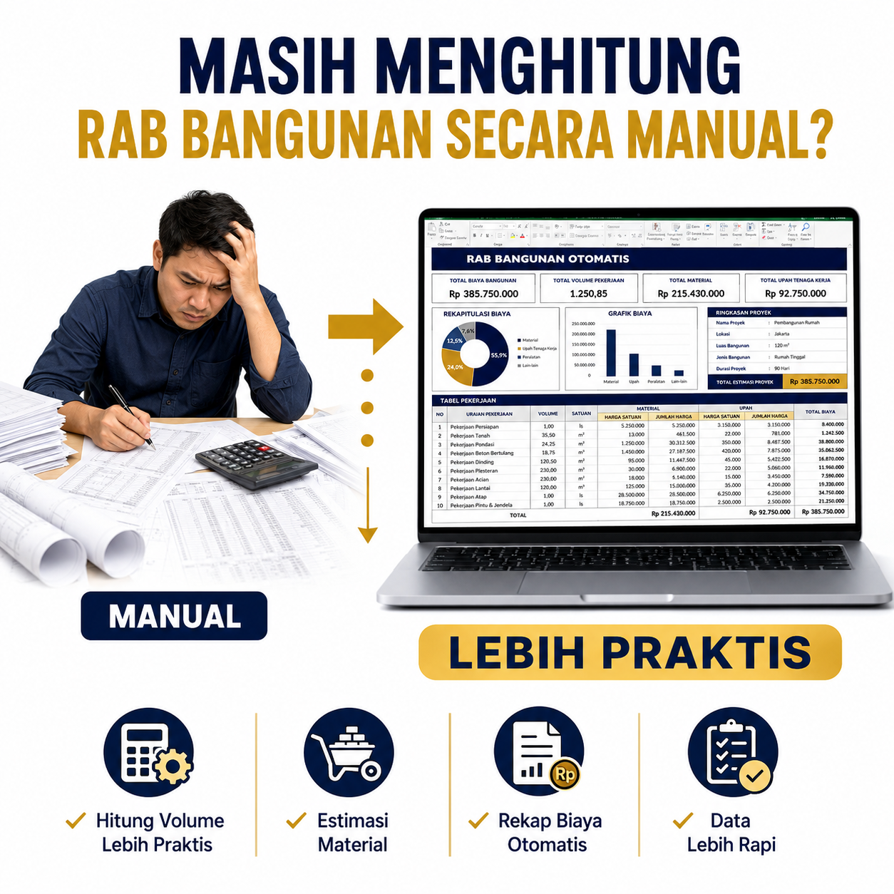 Template RAB Bangunan Otomatis Excel | Hitung Biaya Bangun Rumah, Volume & Estimasi Material | RAB Siap Pakai