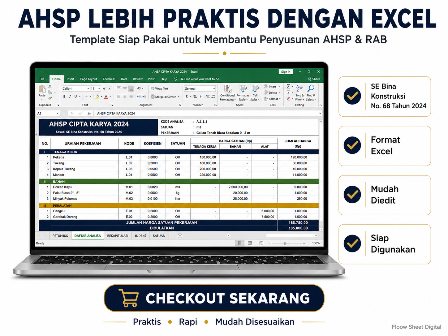 Template Excel AHSP Cipta Karya 2024 | Analisis Harga Satuan Pekerjaan Sesuai SE Bina Konstruksi No. 68 Tahun 2024