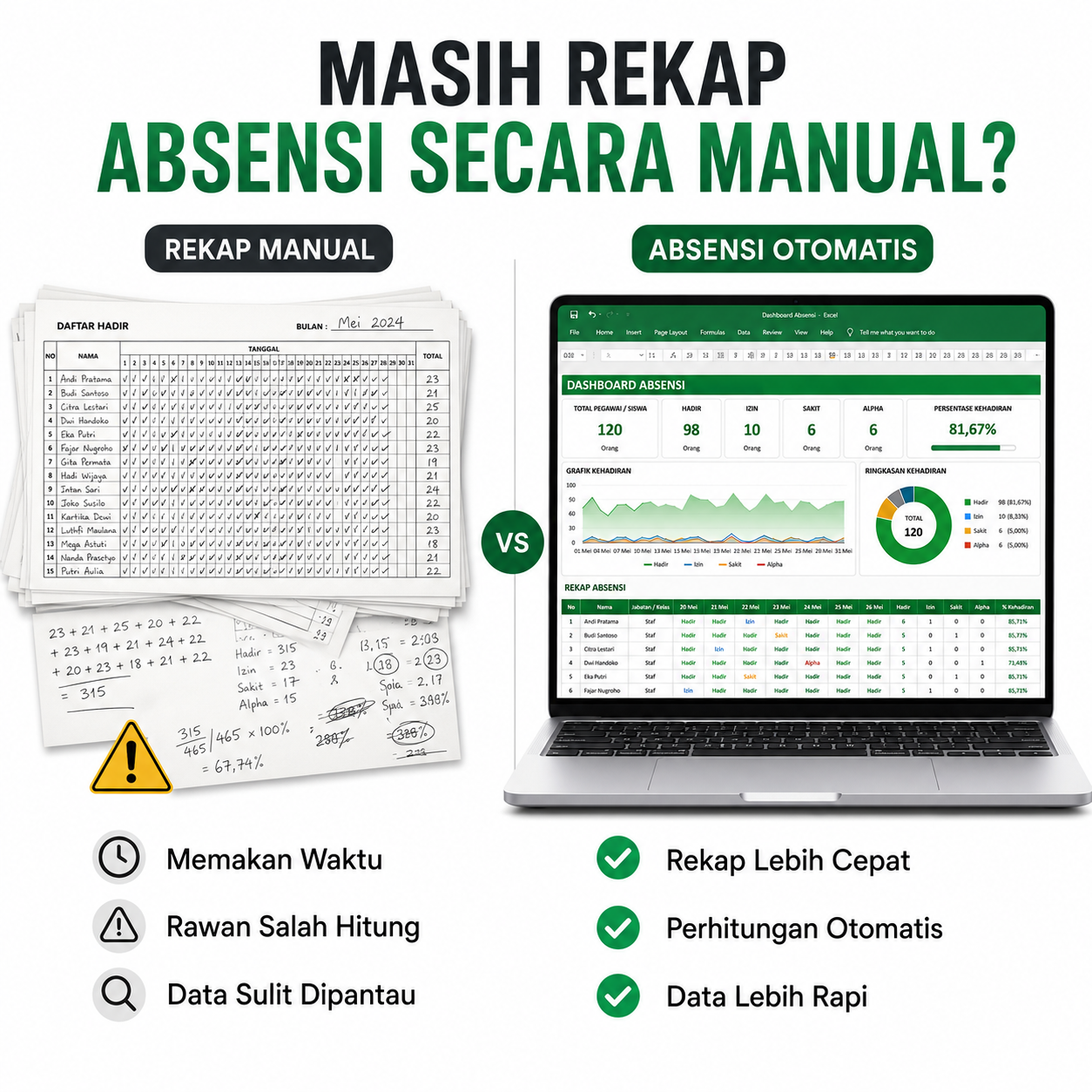 Template Excel Absensi Digital Otomatis | Rekap Kehadiran Karyawan Guru & Siswa | Dashboard Absensi Siap Pakai