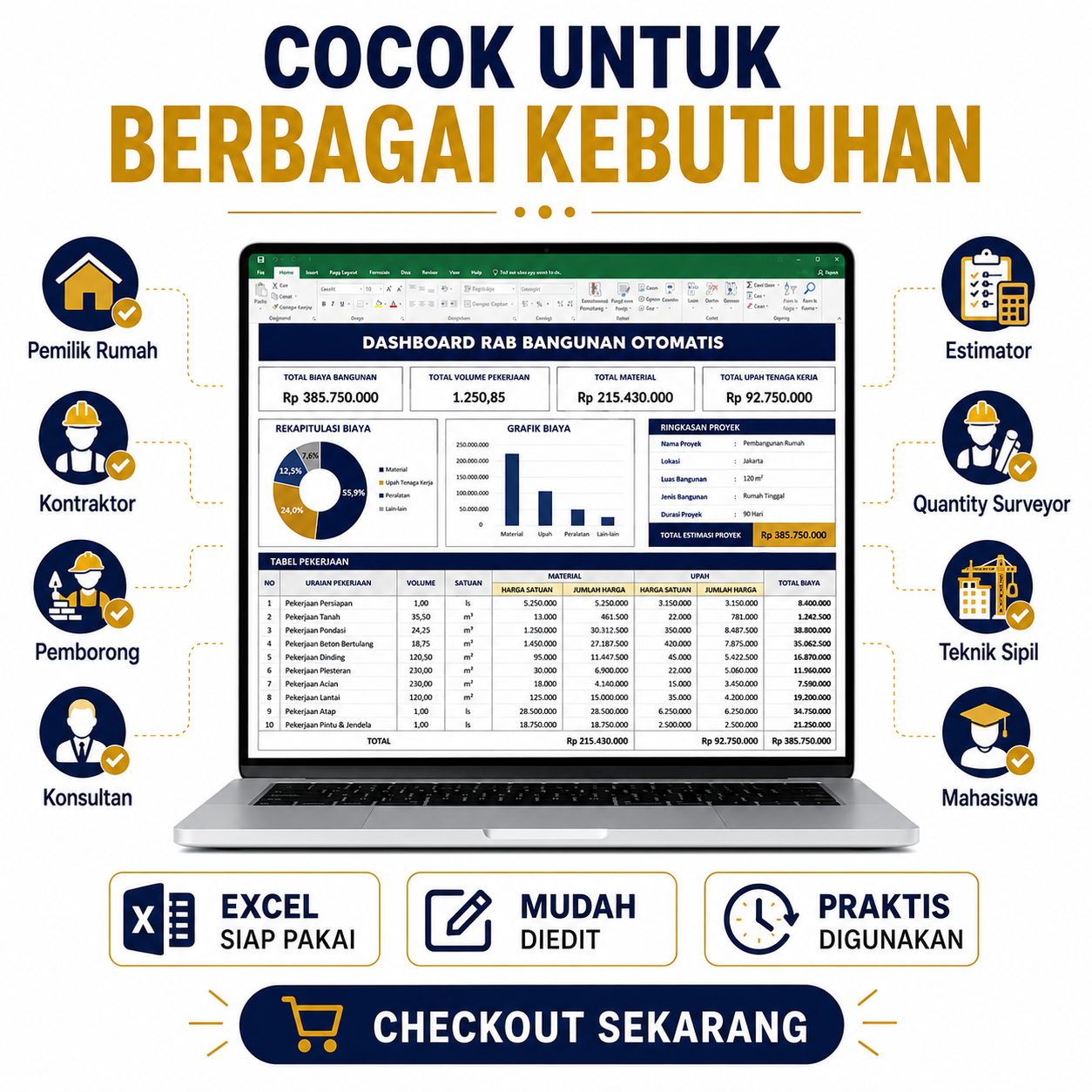 Template RAB Bangunan Otomatis Excel | Hitung Biaya Bangun Rumah, Volume & Estimasi Material | RAB Siap Pakai