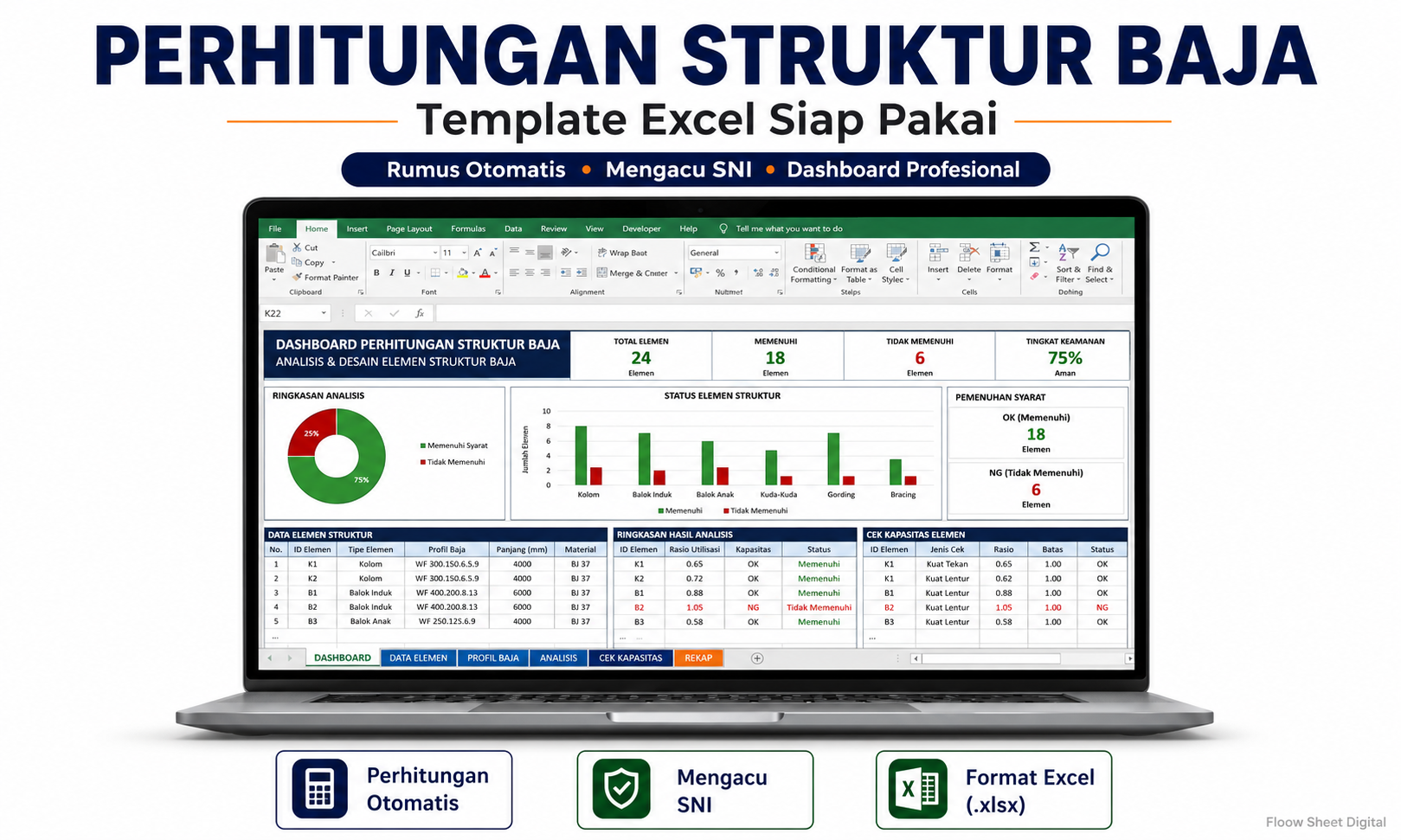 Template Excel Perhitungan Struktur Baja Otomatis | Sesuai SNI & Dashboard Analisis Profesional